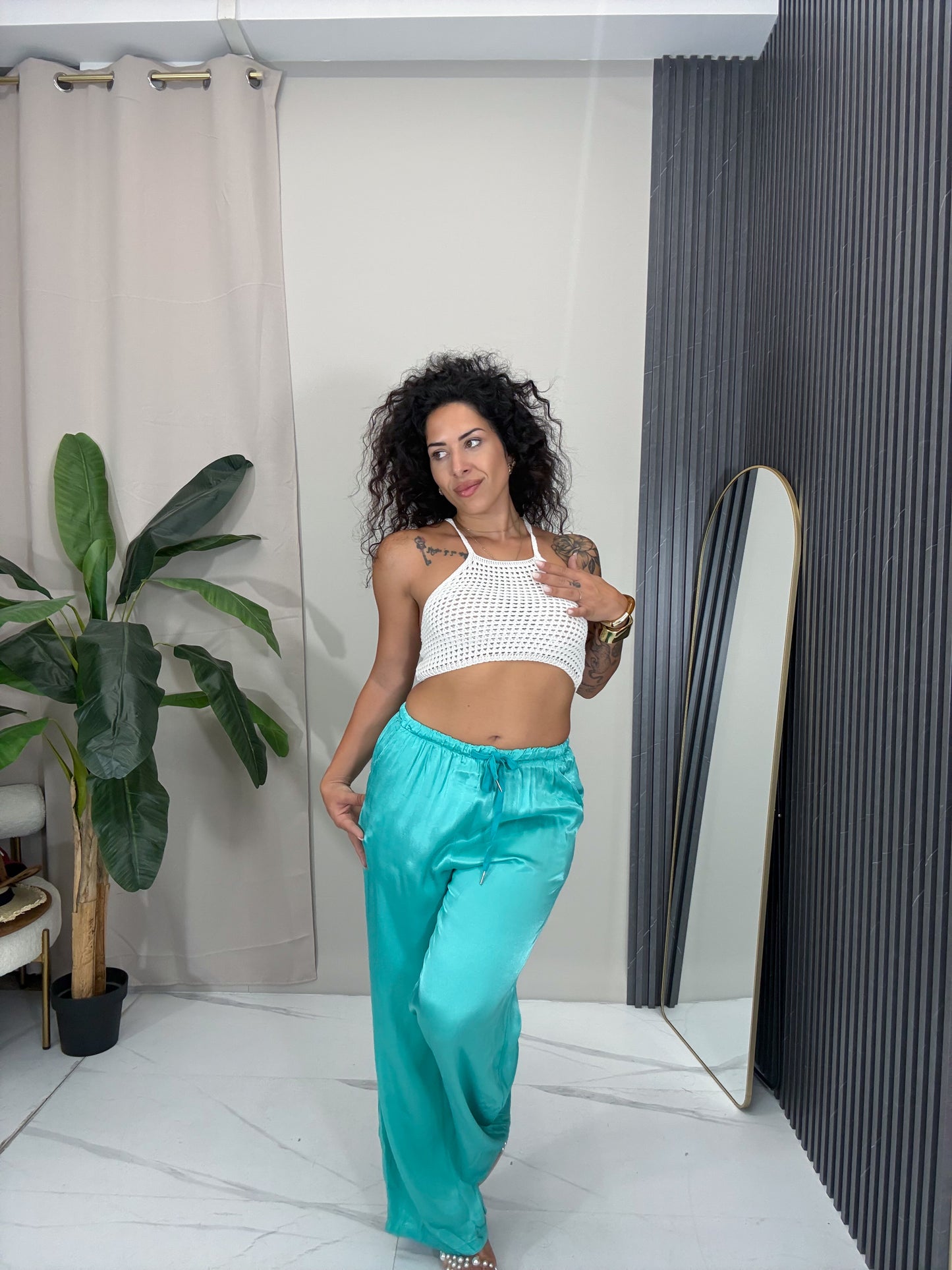 Pantalone satin Turchese