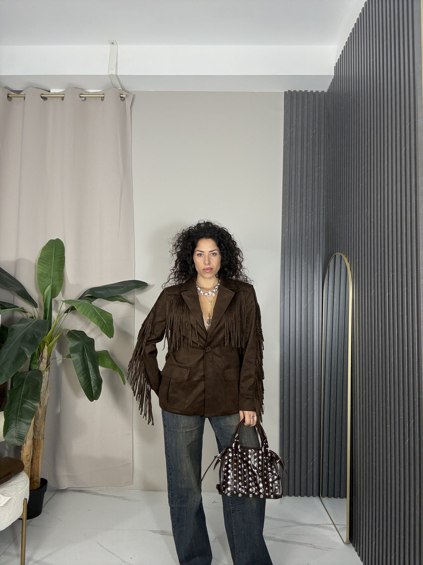 Giacca suede marrone con frange