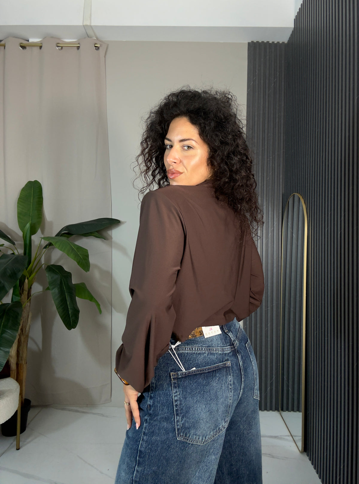 Maglia crop spalline marrone