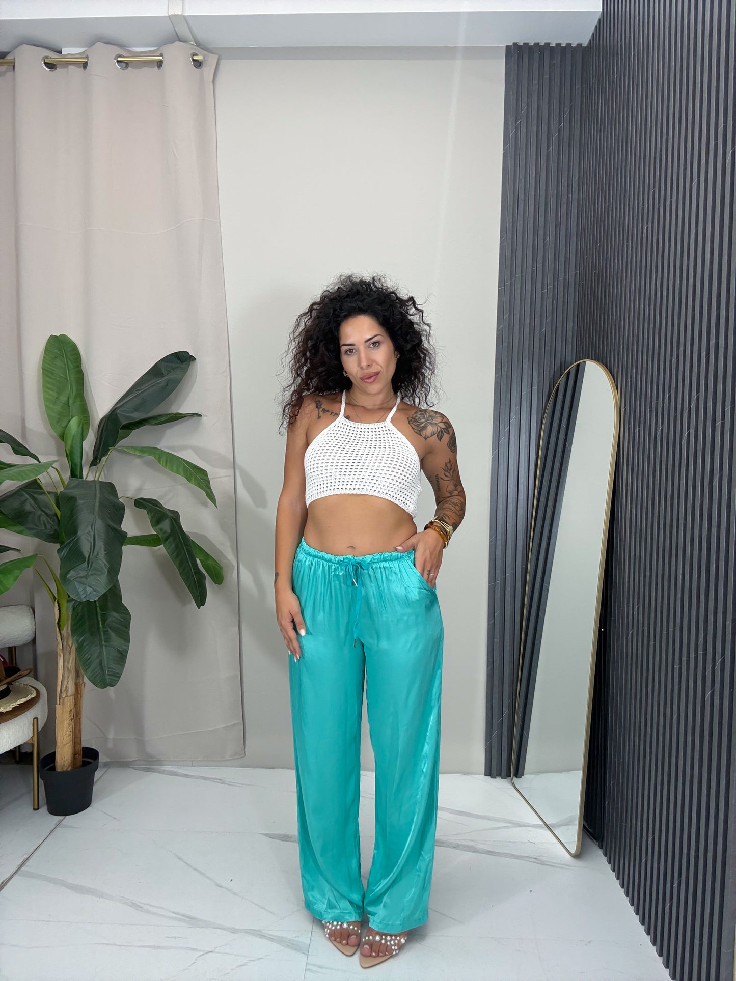 Pantalone satin  Turchese