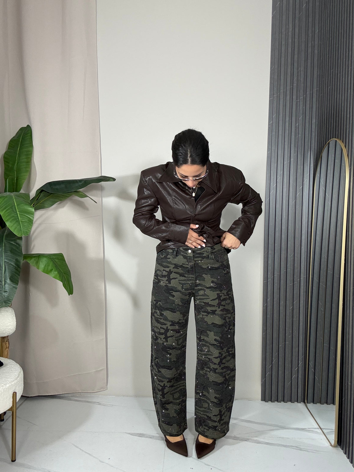 Jeans balloon militare con strass
