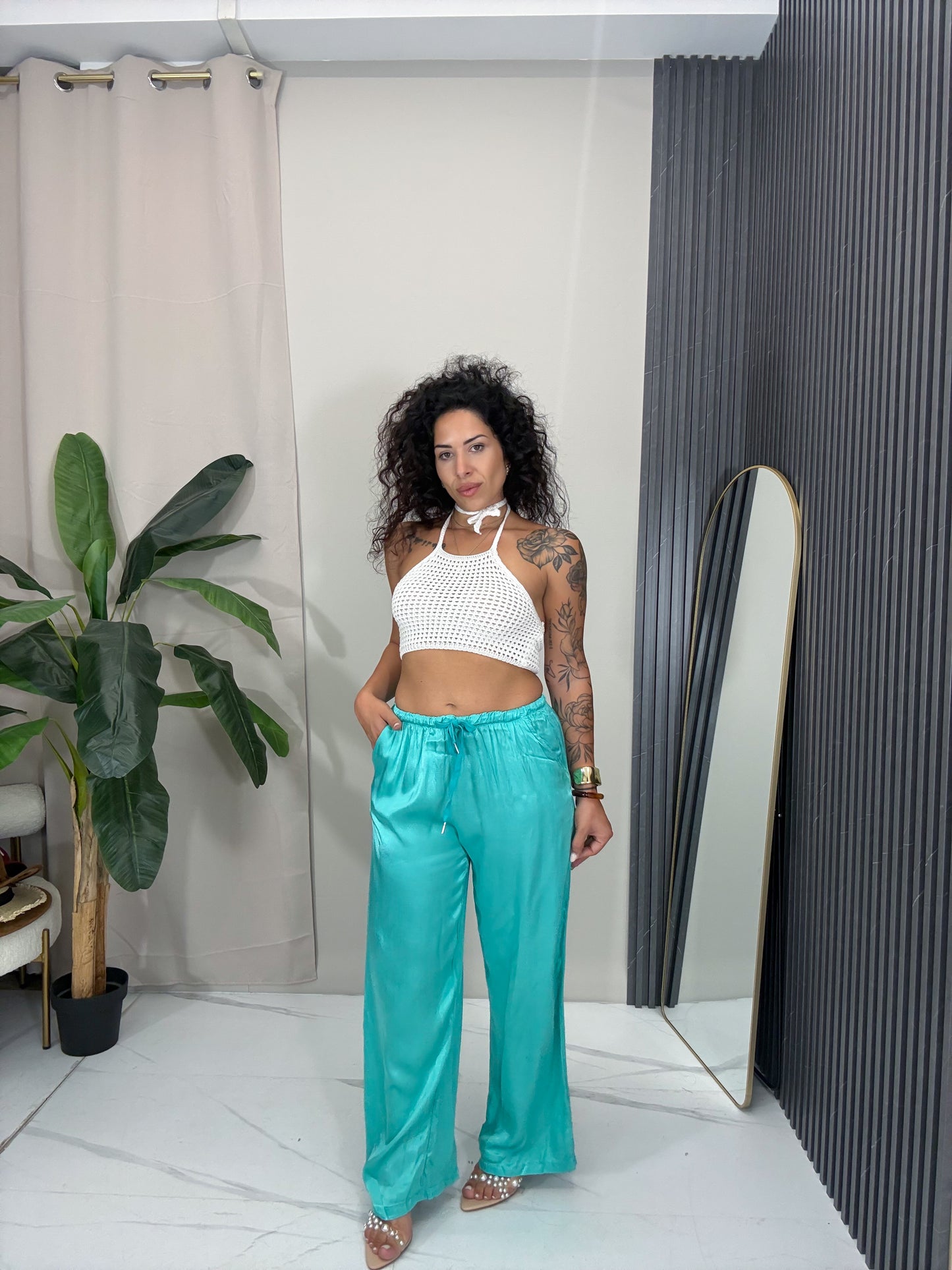 Pantalone satin  Turchese