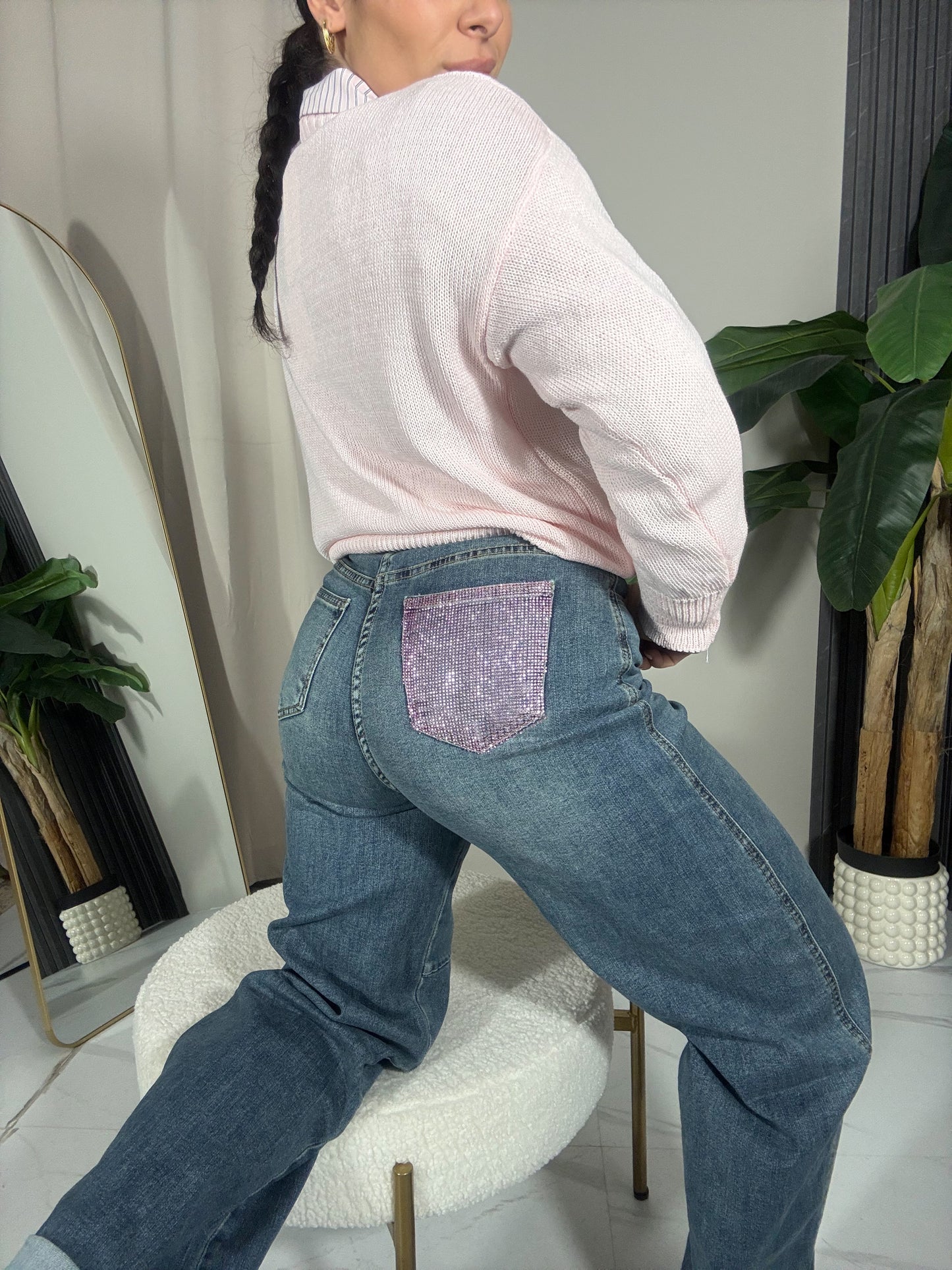 Jeans taschino strass rosa